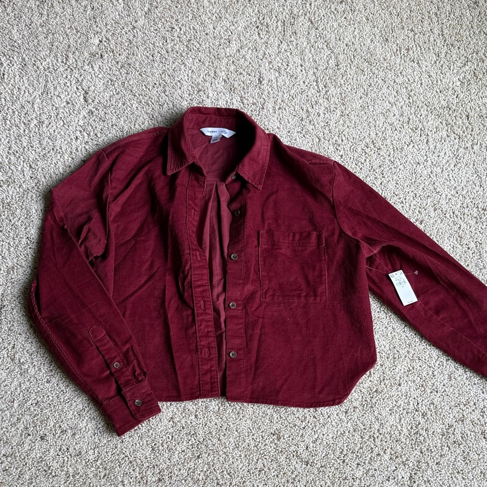 Old Navy Burgundy Corduroy Button-Up Cropped Shirt